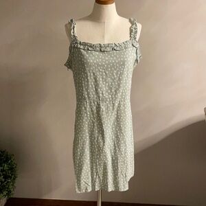 RUFFLED STRAP TANK SUNDRESS. Smocked back ruffle accent size XL mint Linen blend